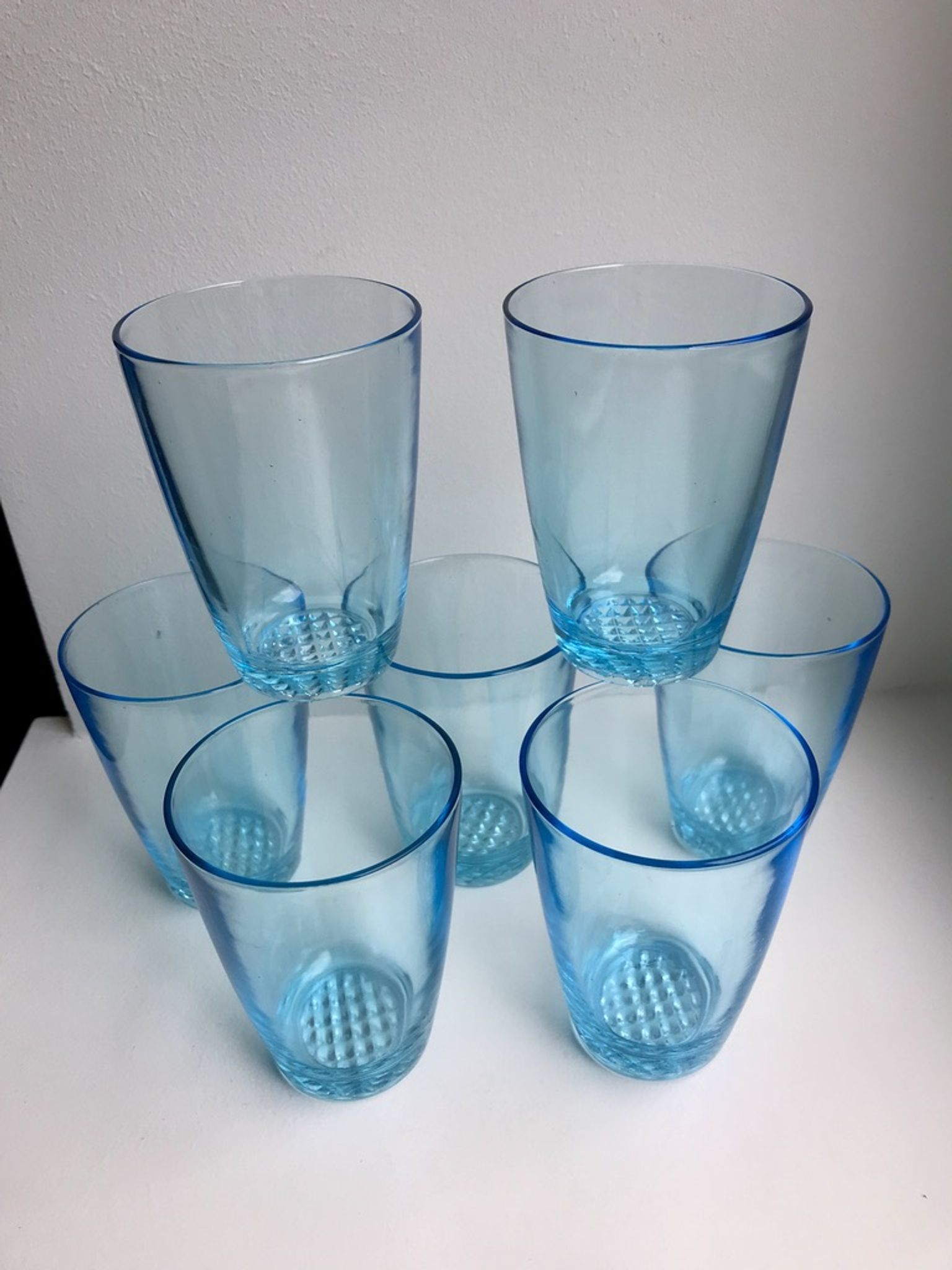 Set of 7 water glasses Made in France blue glass 70s