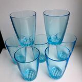 Set of 7 water glasses Made in France blue glass 70s