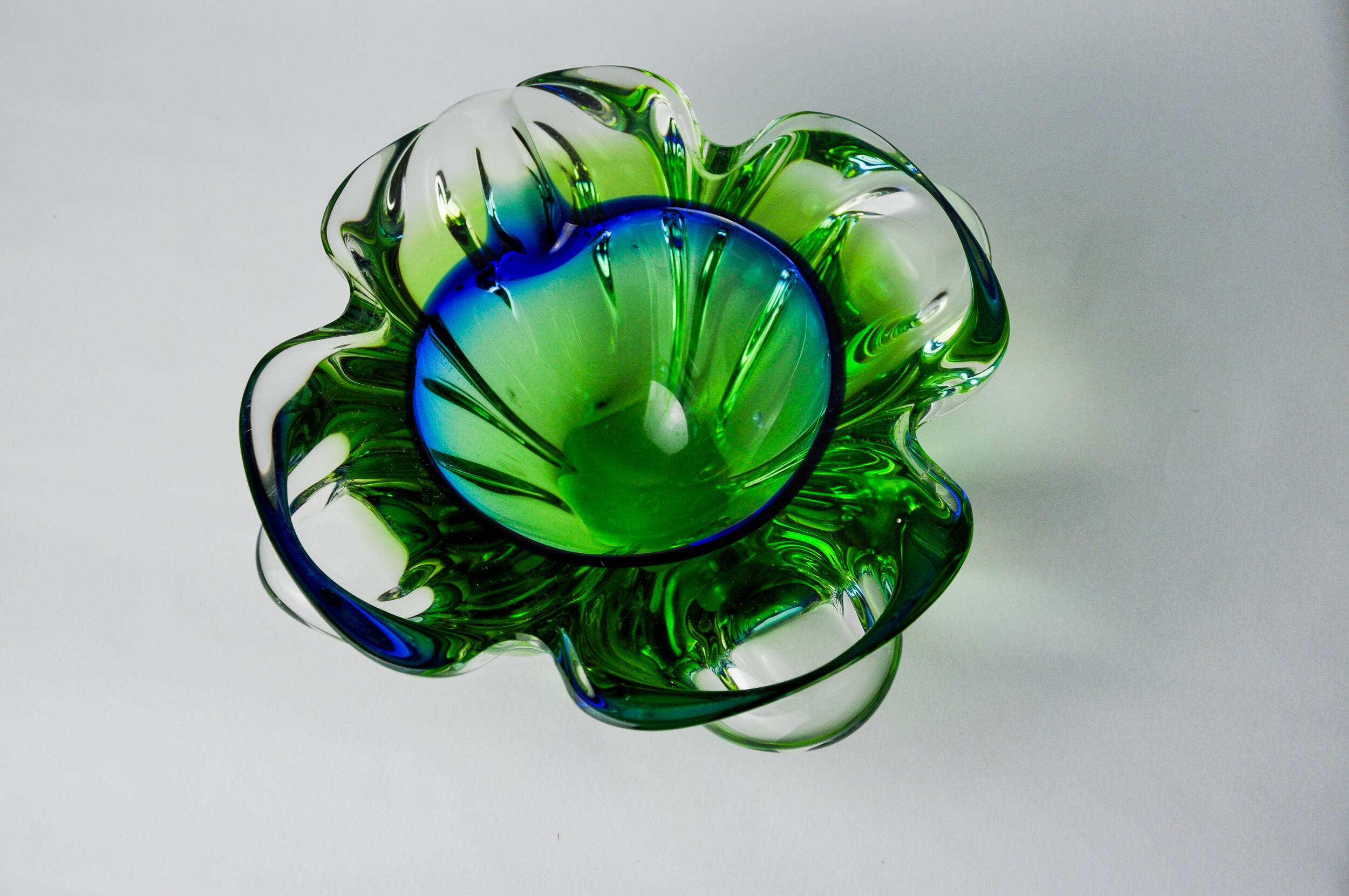 Sommerso green and blue pocket emptier by Flavio Poli for Seguso, Murano glass, Italy, 1970