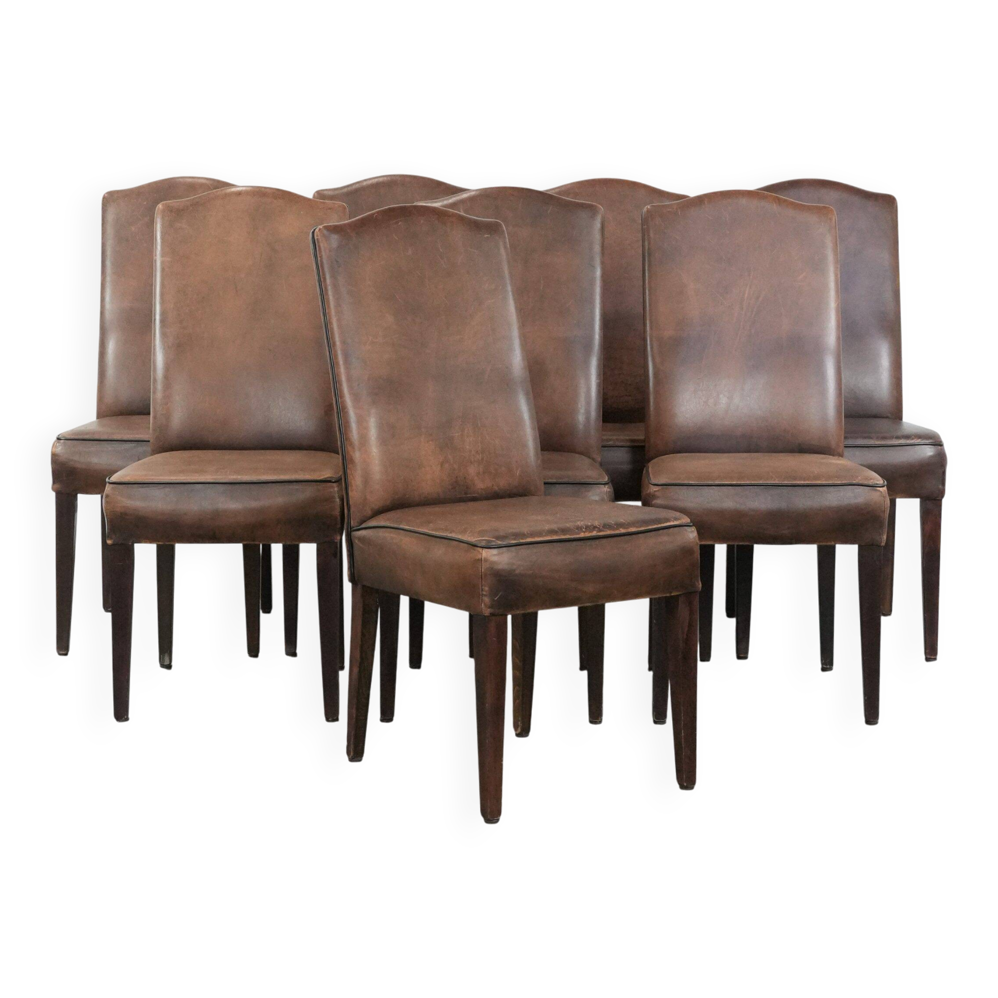 Great set of 8 stylish vintage sheepskin dining chairs with character