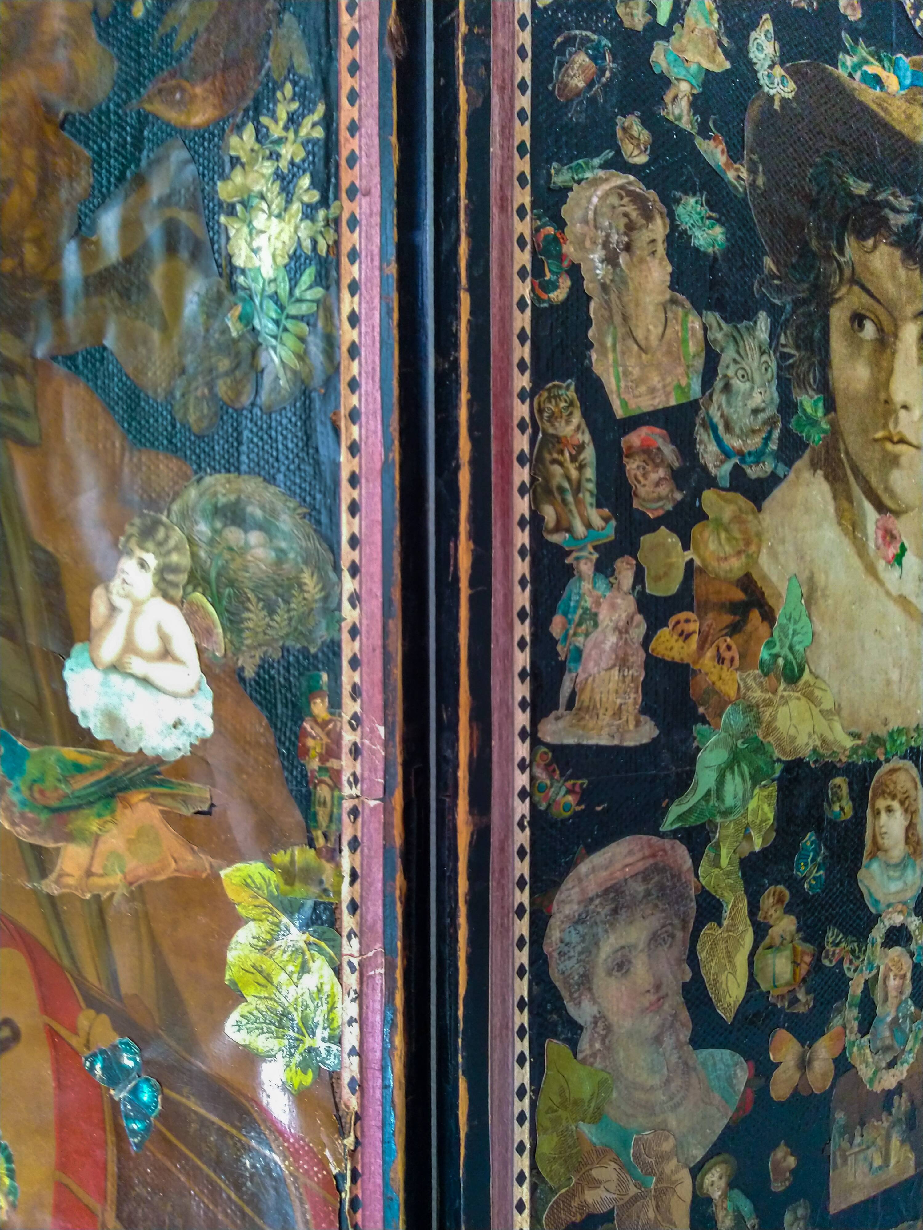 English Victorian 3-panel screen with varnished chromos