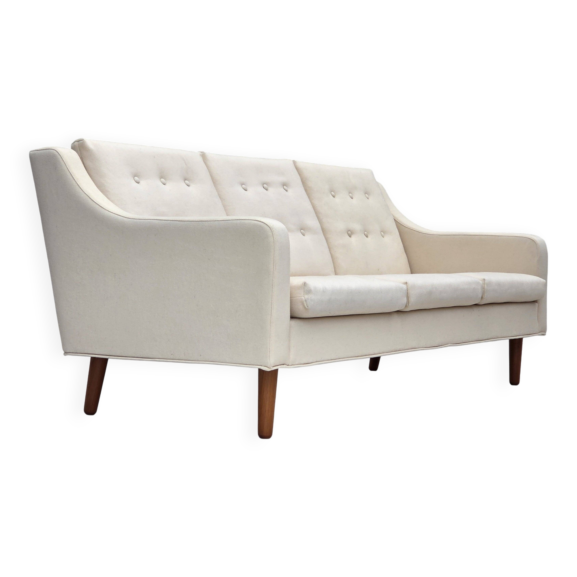 1970s, 3-seater Danish sofa, beige/white furniture wool, teak wood legs.