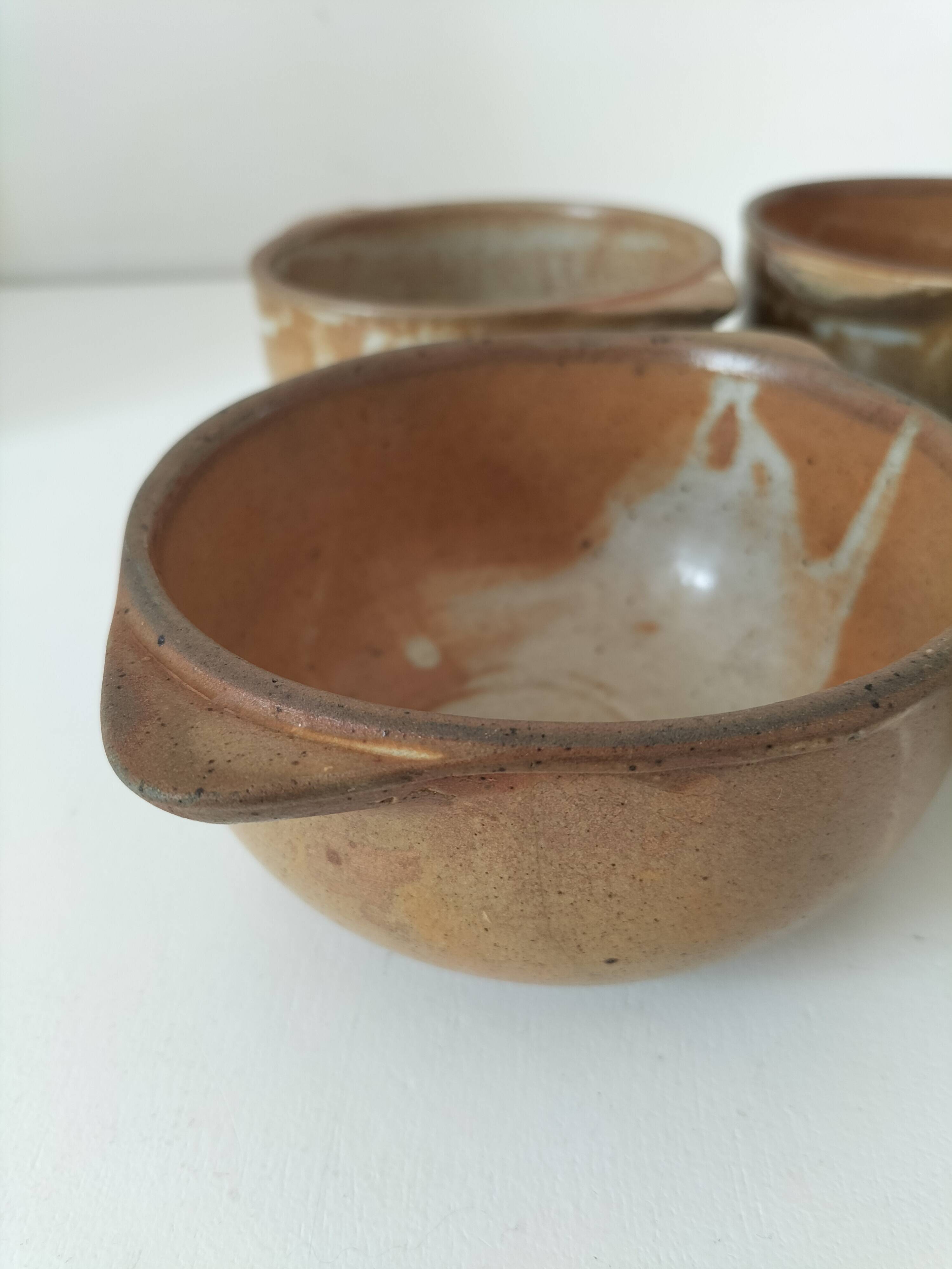 4 vintage handmade flamed stoneware ear bowls