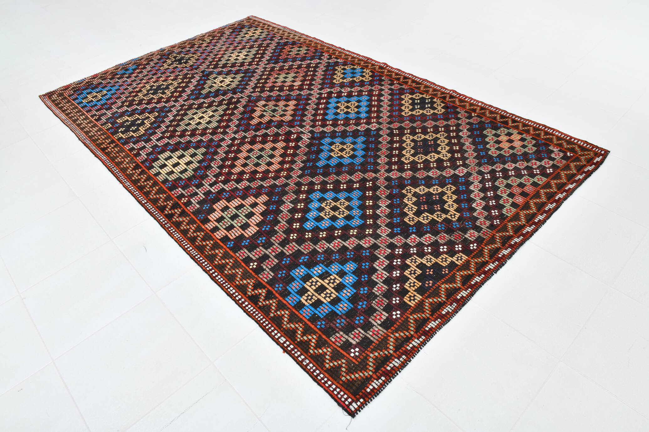 6X10 Bluw & Burgundy Handmade Vintage Kilim Rug, 181x295Cm
