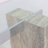 Console, or desk, in glass and travertine. 1980s.