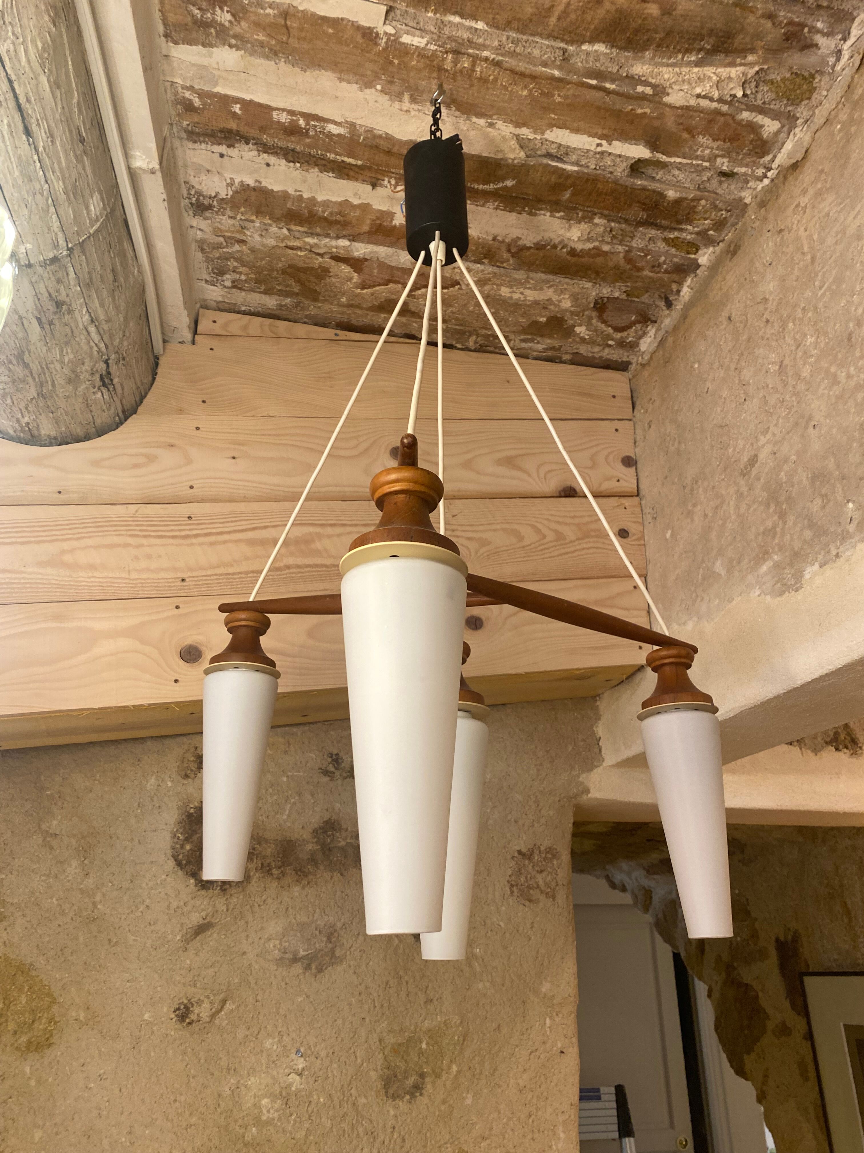 Teak and opaline chandelier