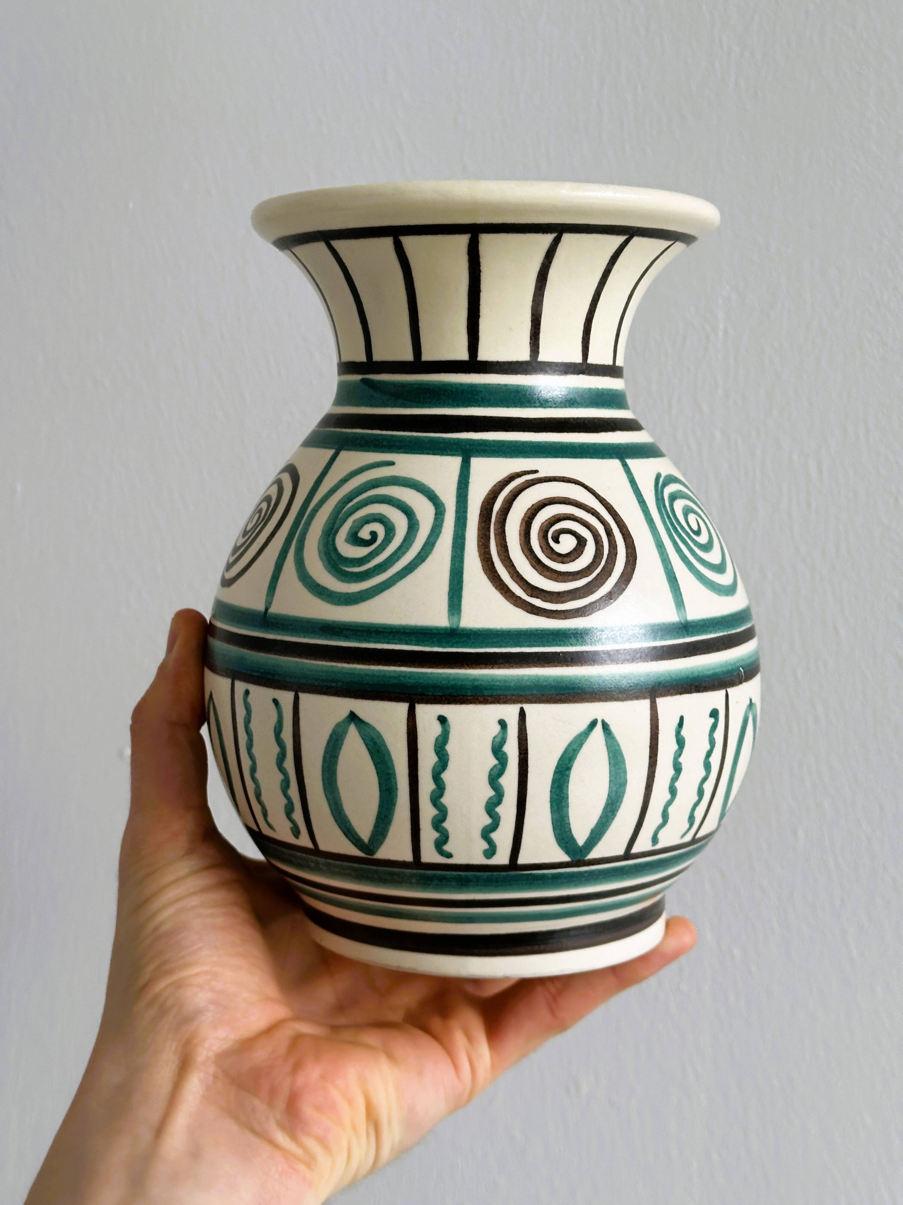 Old handmade ceramic vase, Punter style geometric ornaments.