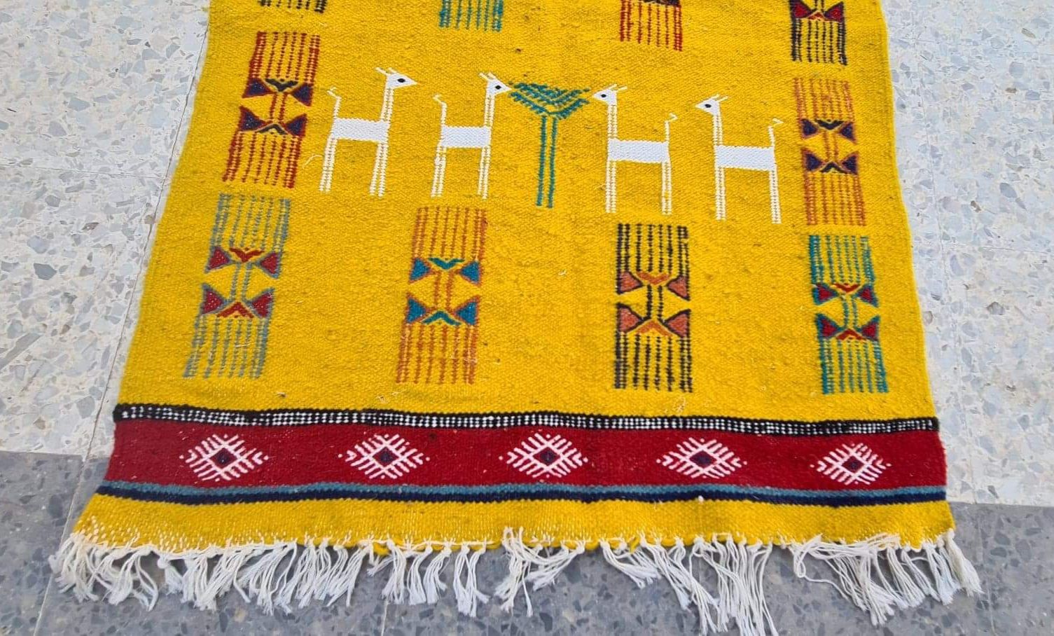 Traditional handmade biker yellow kilim carpet made of pure wool  - 120x70cm