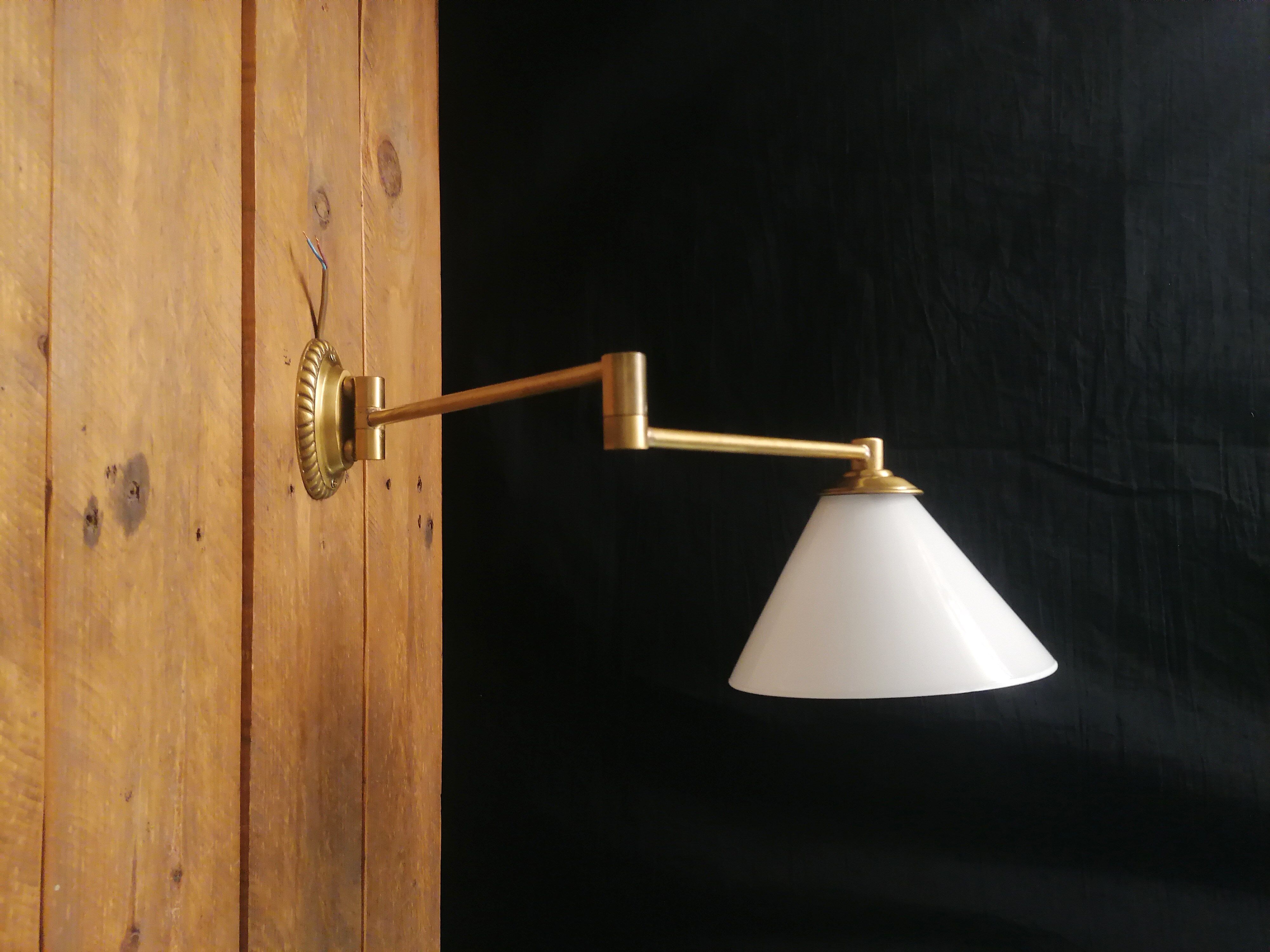 Articulated arm wall applique - brass and white glass diffuser - 1970s