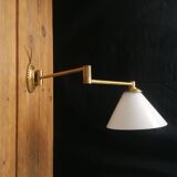Articulated arm wall applique - brass and white glass diffuser - 1970s