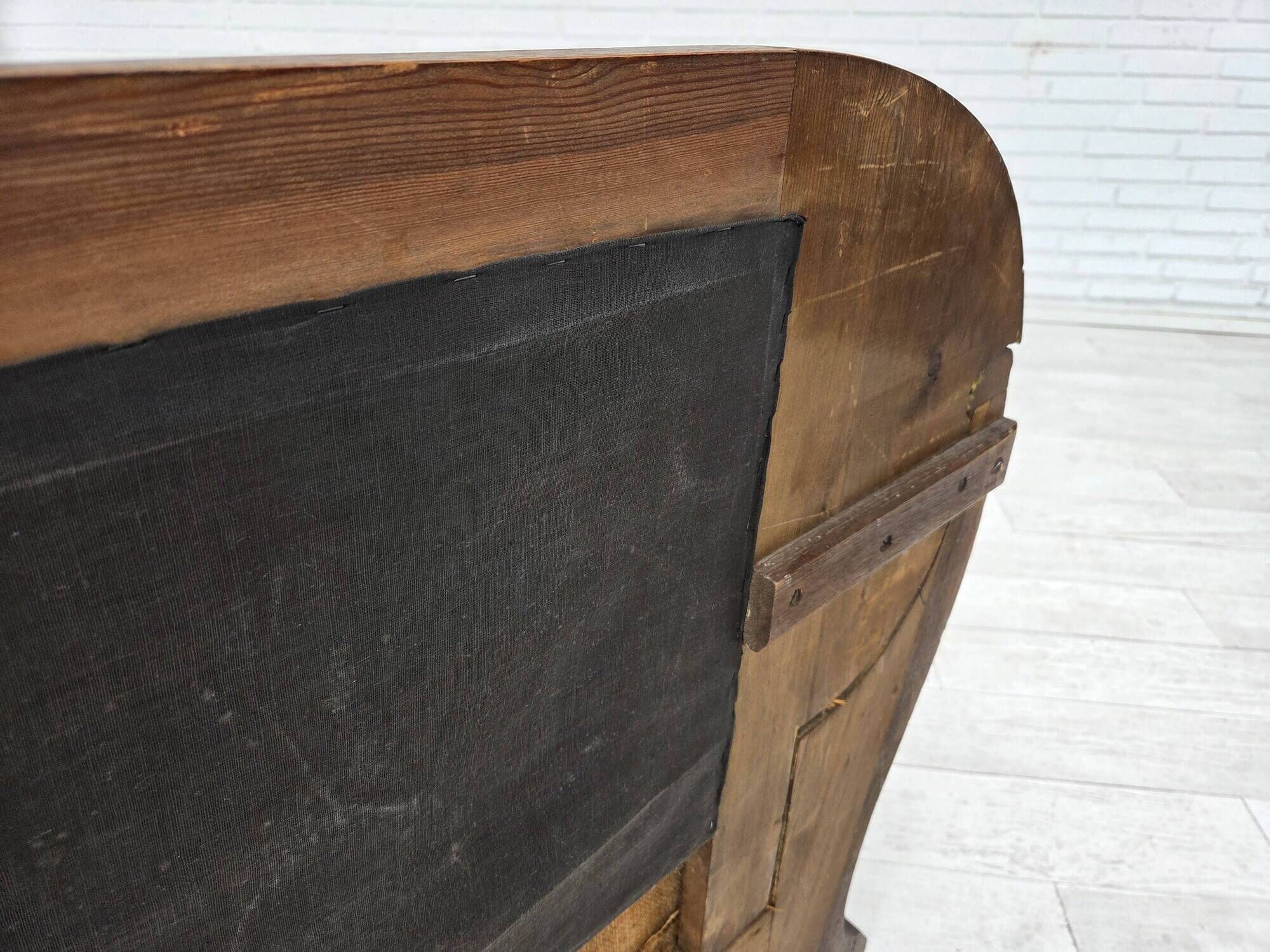 1950s, Danish 3-seater sofa, green furniture velour, oak wood.