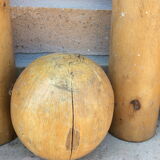 Wooden bowling and 2 vintage balls