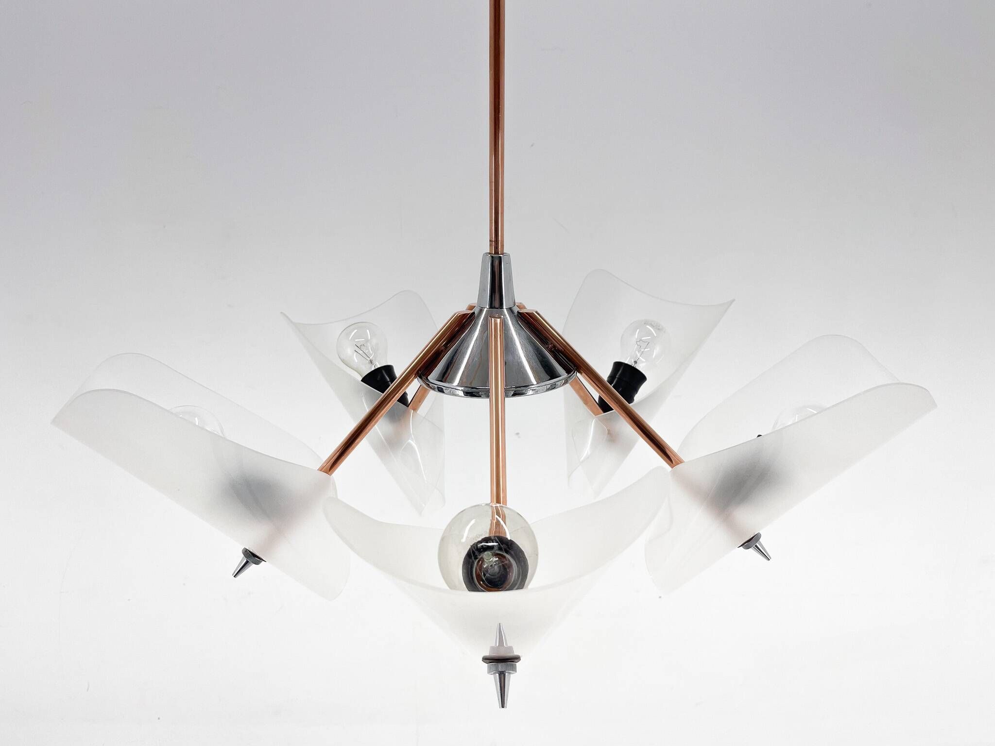 Mid-century chrome, copper & plastic chandelier by drukov, 1970s / 2 pieces avl