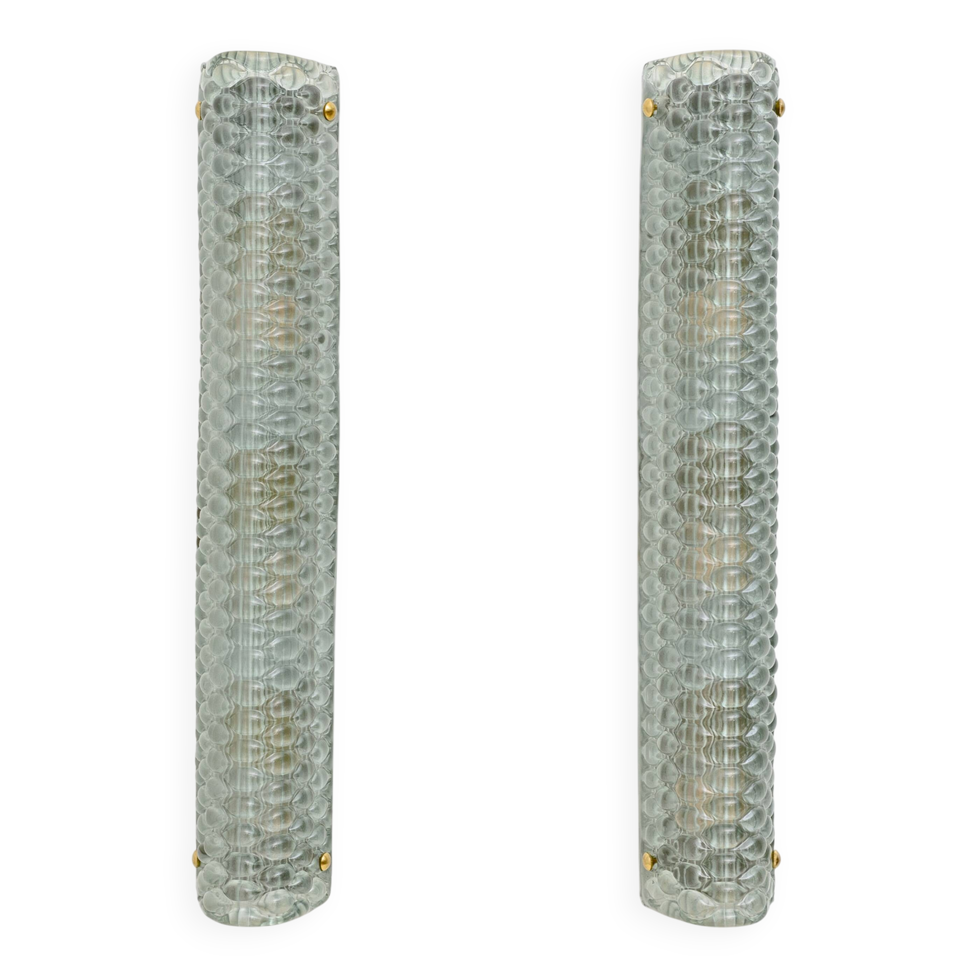 Pair of Modern Italian Brass and Murano Glass Textured Light Green Wall Sconce