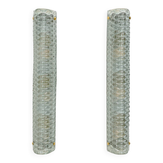 Pair of Modern Italian Brass and Murano Glass Textured Light Green Wall Sconce