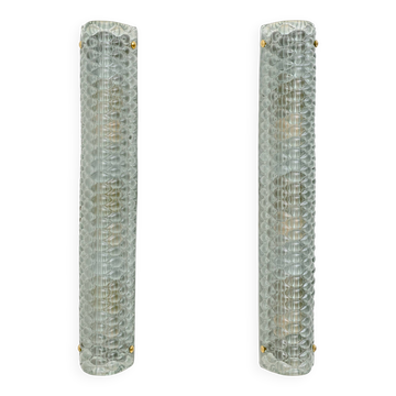 Pair of Modern Italian Brass and Murano Glass Textured Light Green Wall Sconce