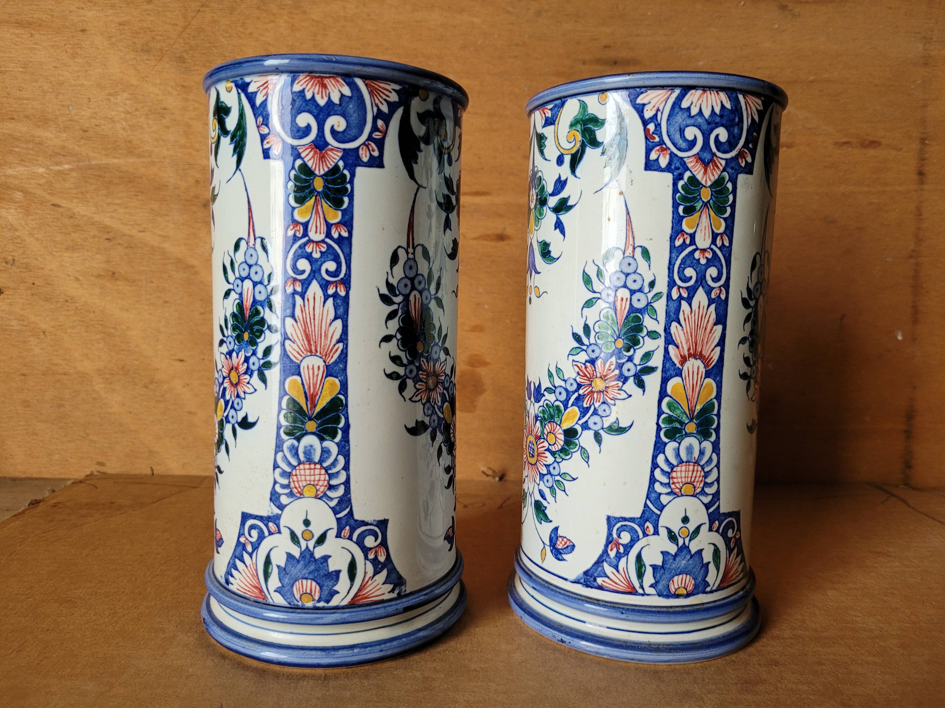 Pair of Gien earthenware roller vases with Rouen decoration