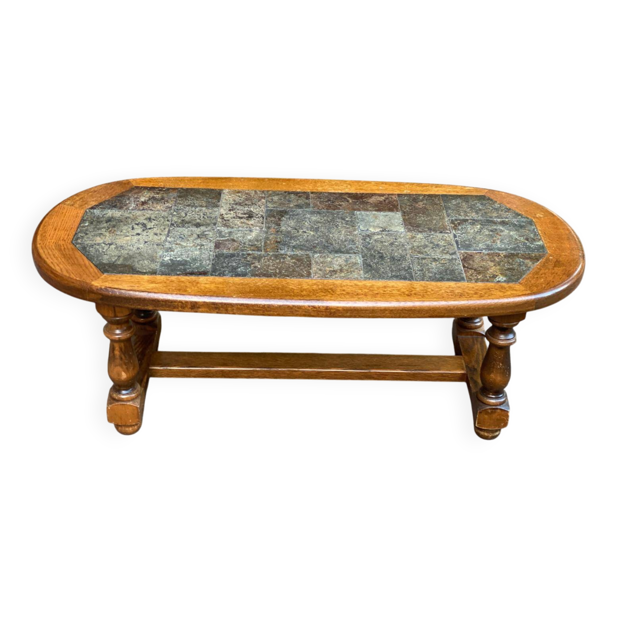 Oval coffee table in solid wood and stone, 115x58