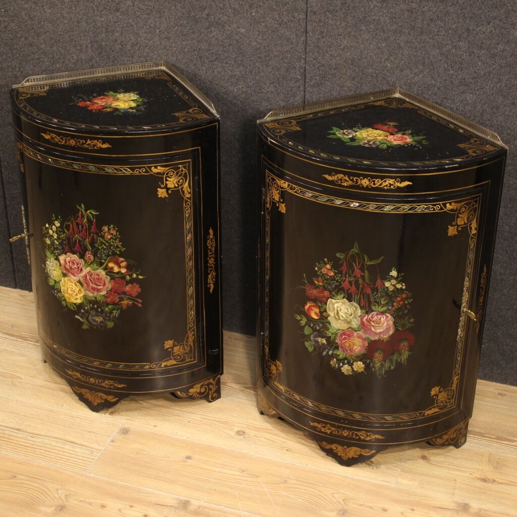 Pair of lacquered and painted French corner cabinets