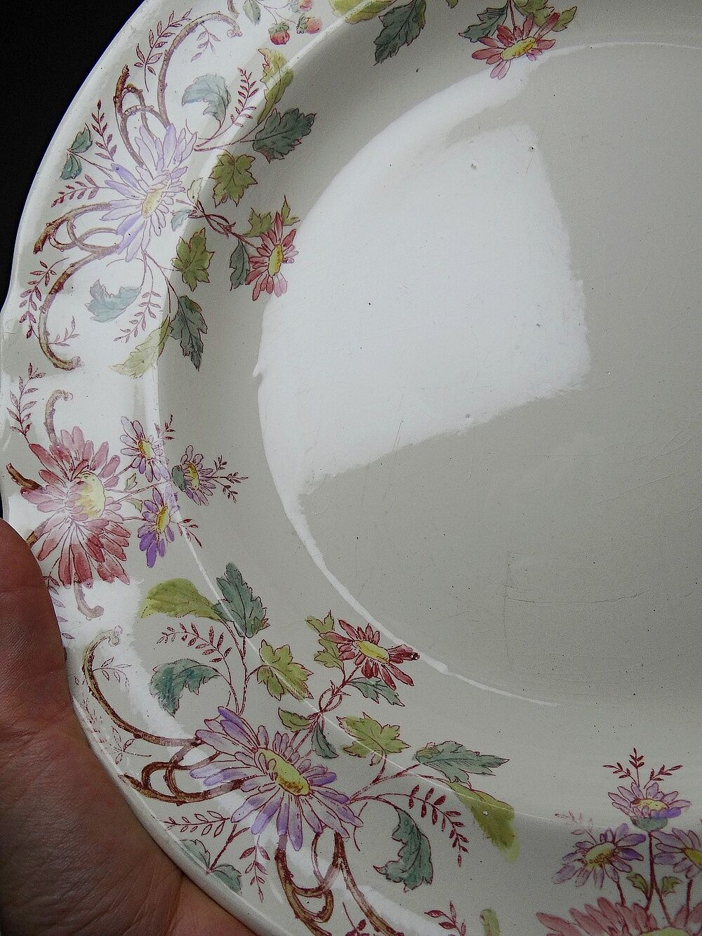 Antique Longchamp service shallow dish with polychrome daisies, ironstone, 19th century.