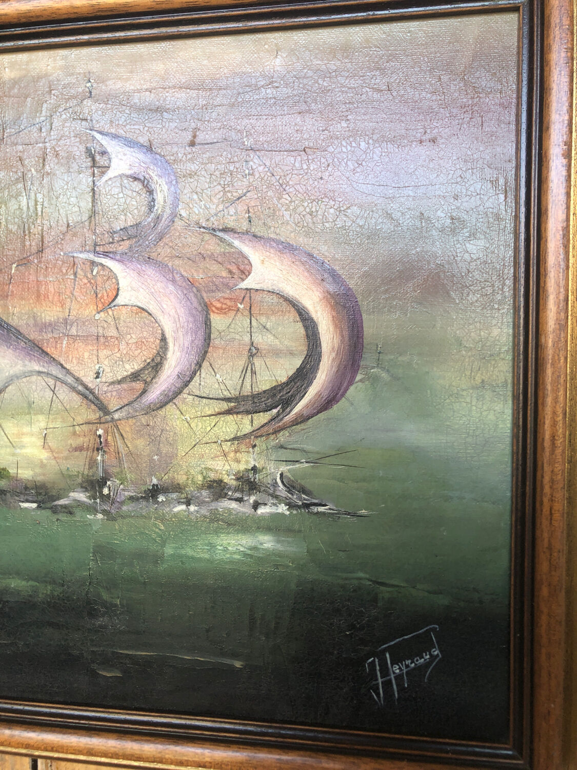 Oil painting on canvas j. peyraud view boats + wood frame #a219