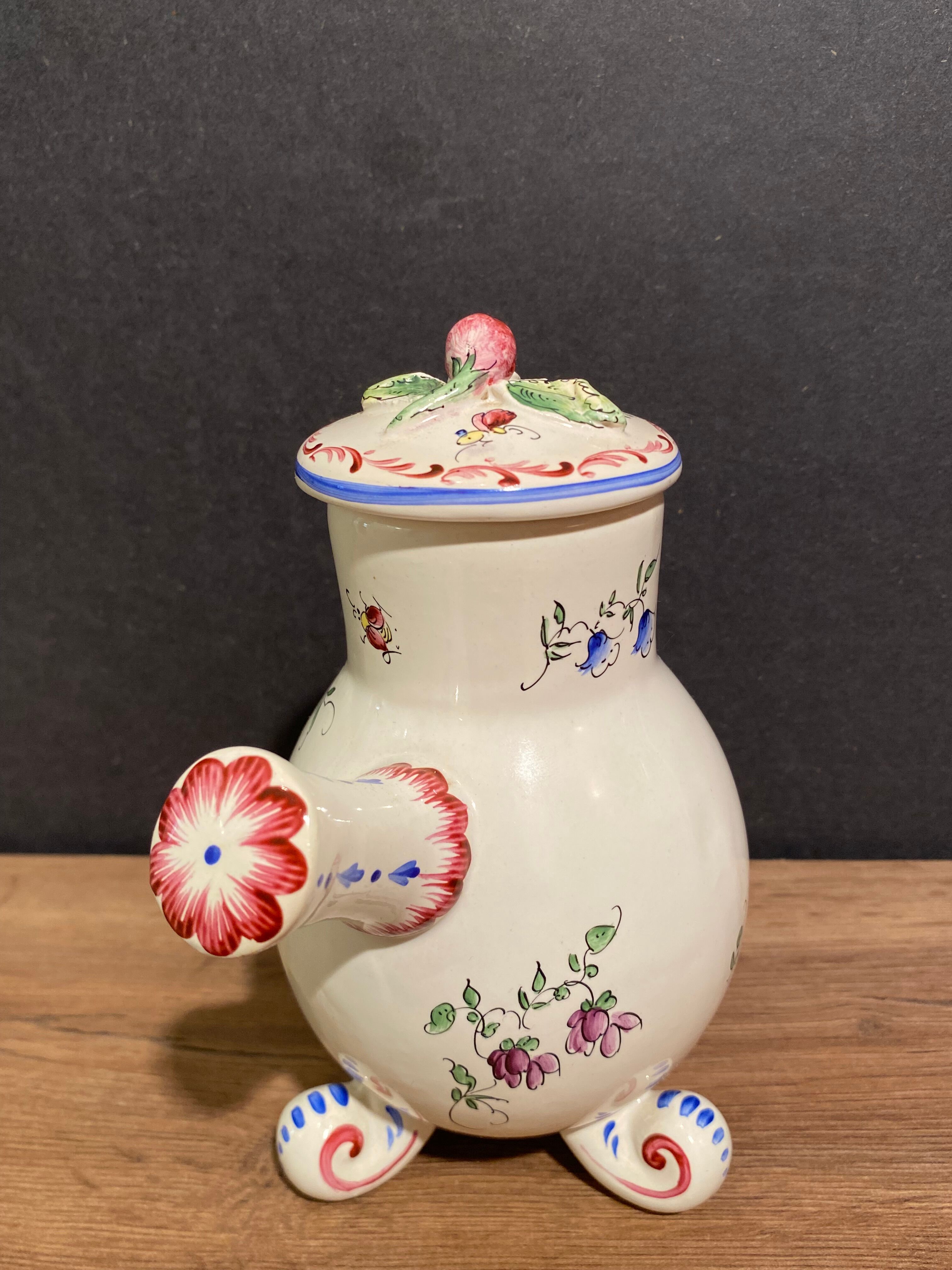 Clamecy earthenware chocolate pourer with polychrome floral decoration
