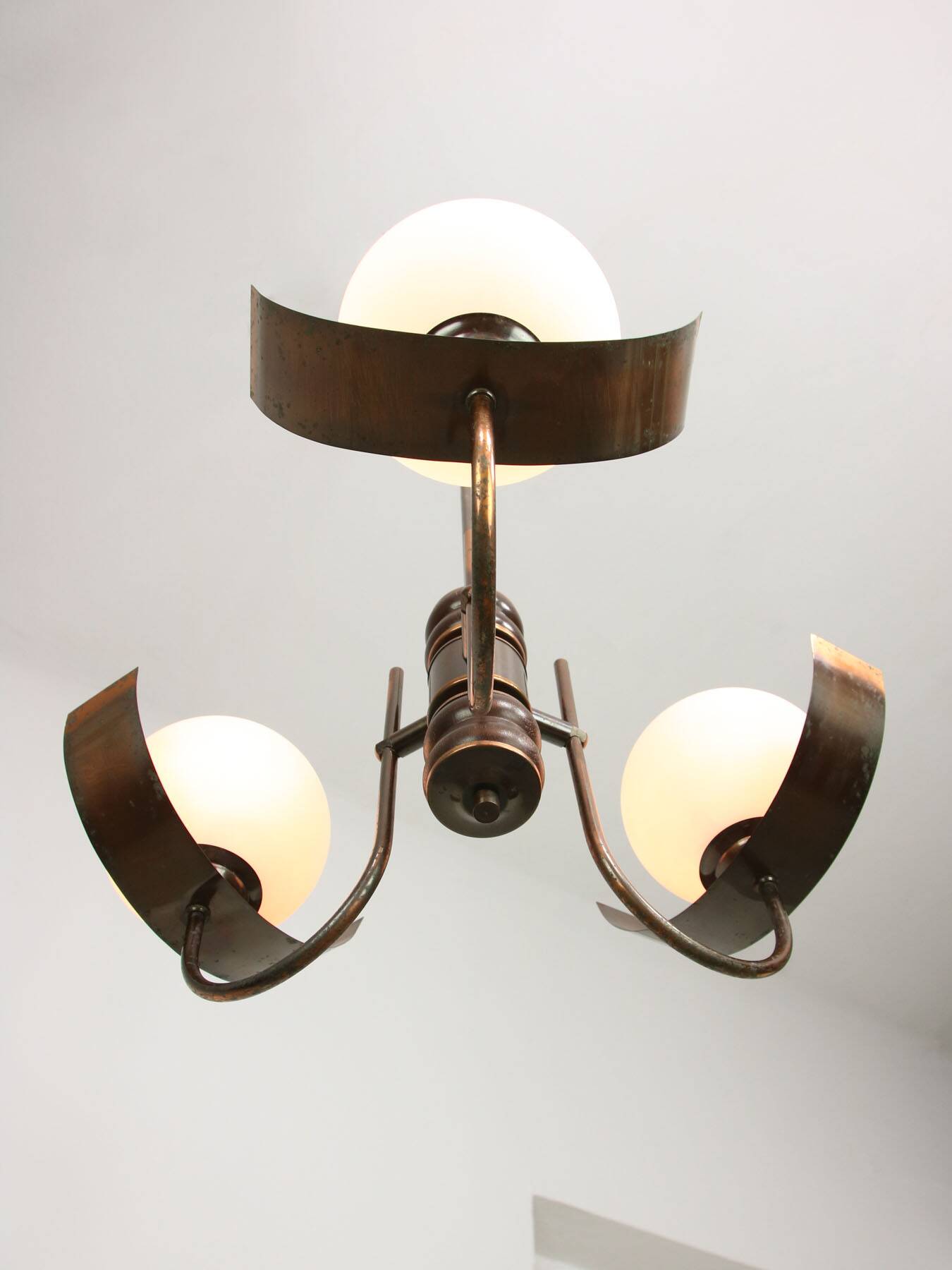 Vintage Italian Copper and Opaline Chandelier, 1970s