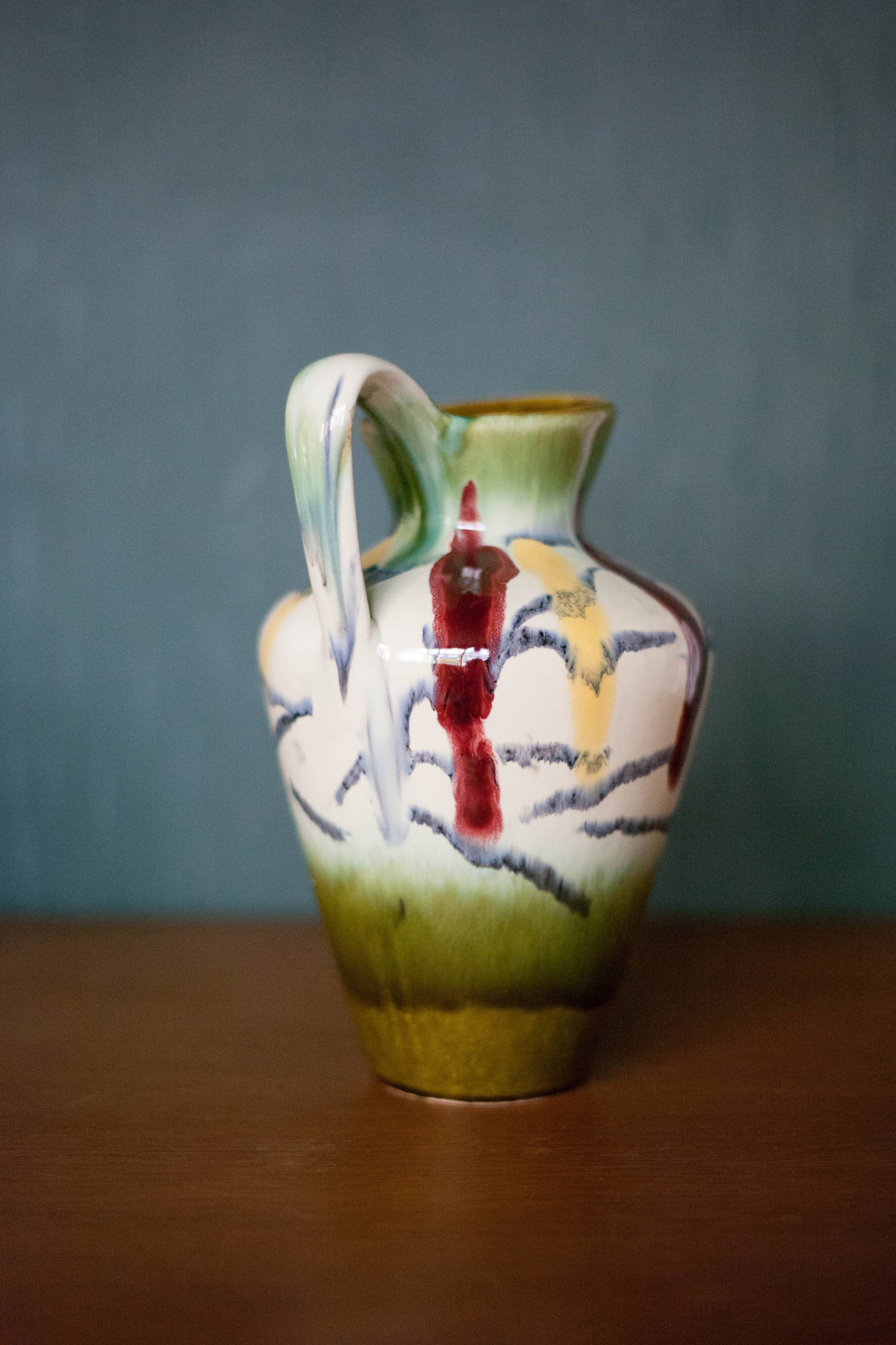 Pair of vintage ceramic vase U-Keramik 1505/20 West Germany, vase with handle, collection, pottery