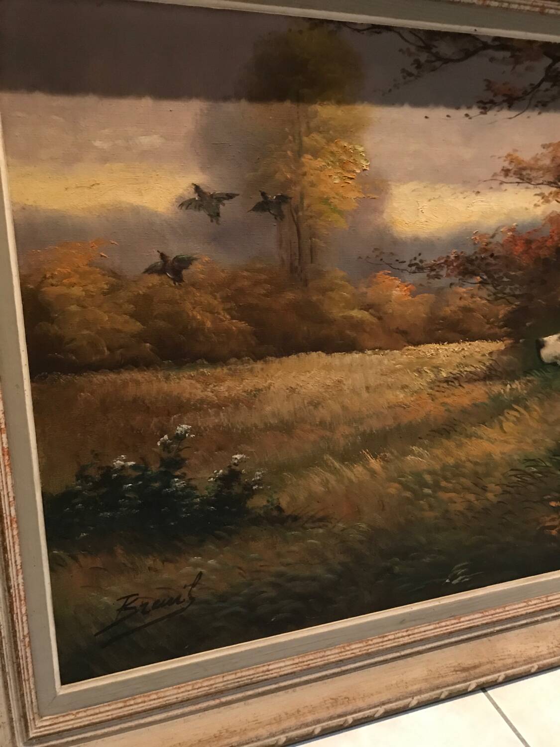 Large old painting of Brittany spaniel hunting dogs, signed Breuil