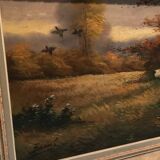 Grand Tableau ancien chiens de chasse épagneul Breton, signé breuil