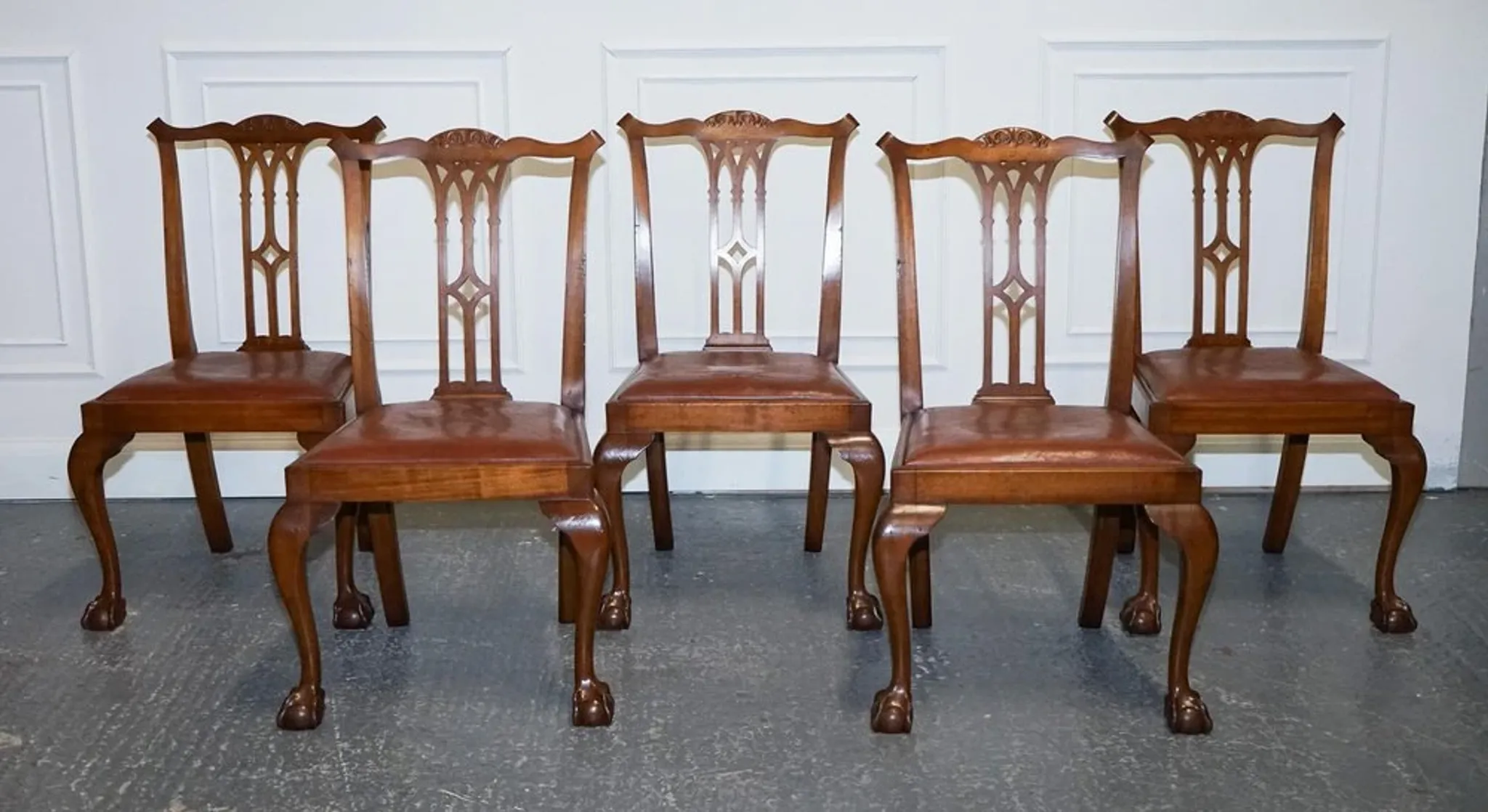 Chippendale Style Dining Chairs with Leather Seats, Set of 5
