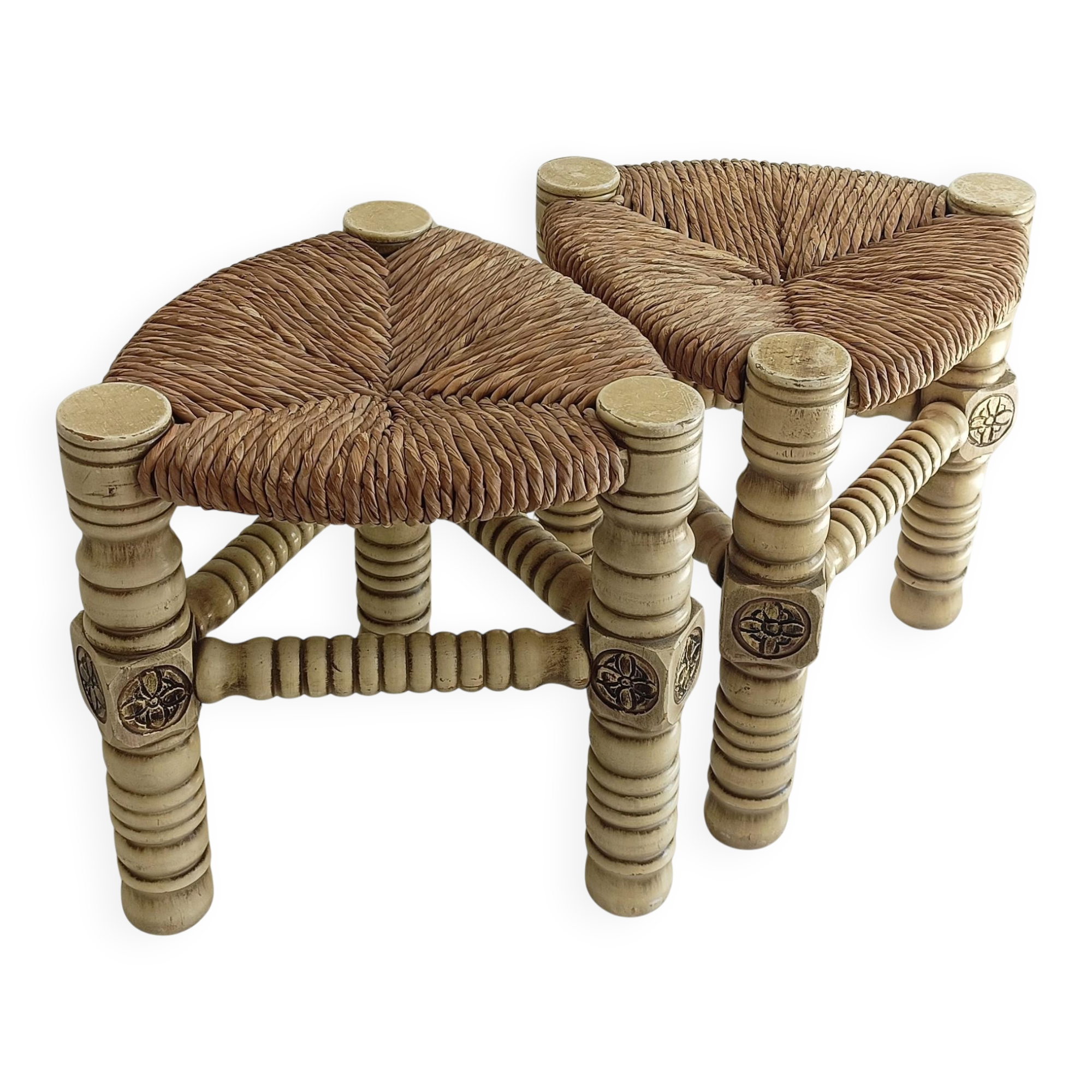 Brutalist Hand-Carved Wood and Fiber Stools, Belgium, Circa 1960s