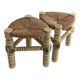 Brutalist Hand-Carved Wood and Fiber Stools, Belgium, Circa 1960s