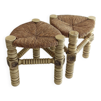 Brutalist Hand-Carved Wood and Fiber Stools, Belgium, Circa 1960s