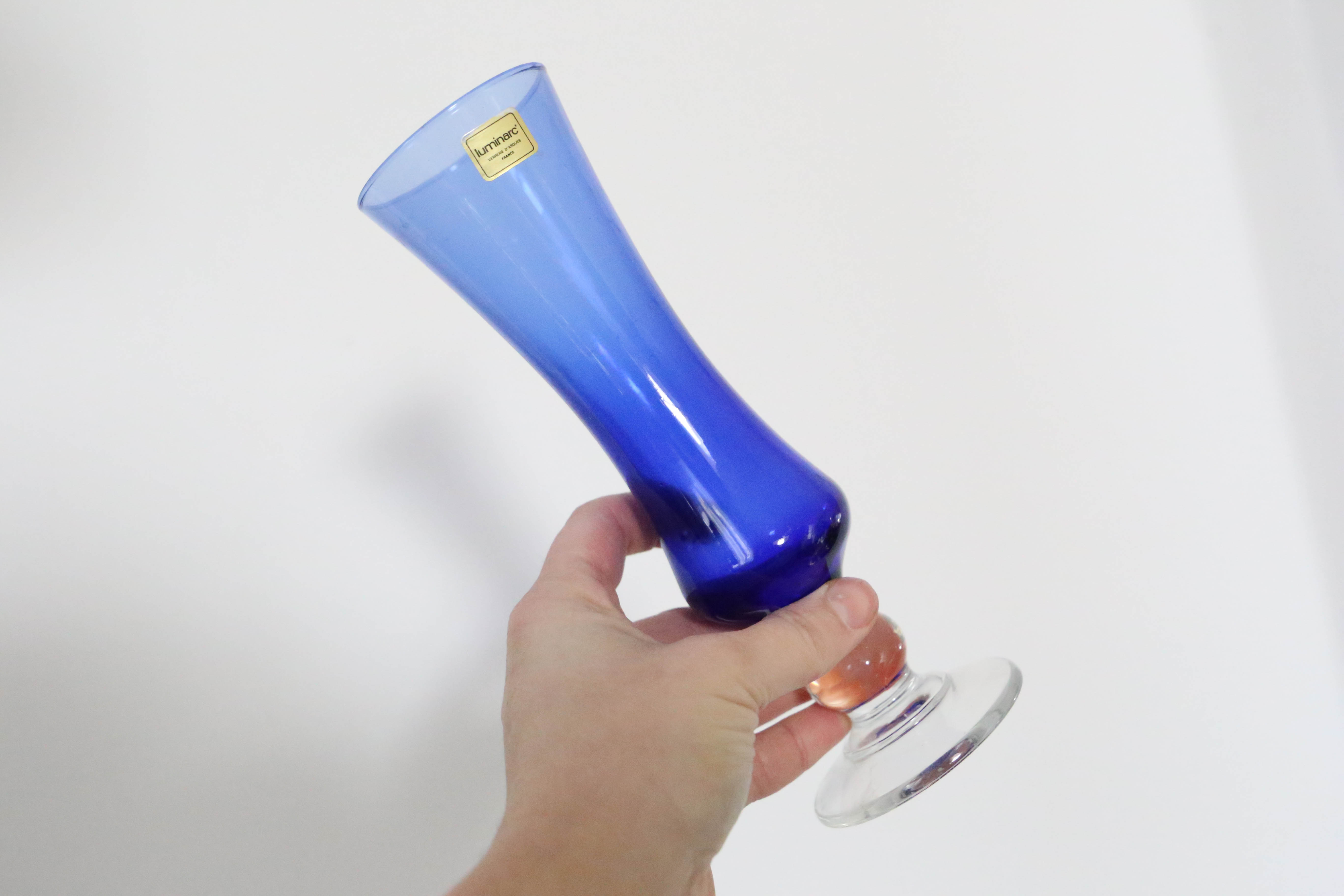 Blue vase, transparent foot, Duralex, vintage