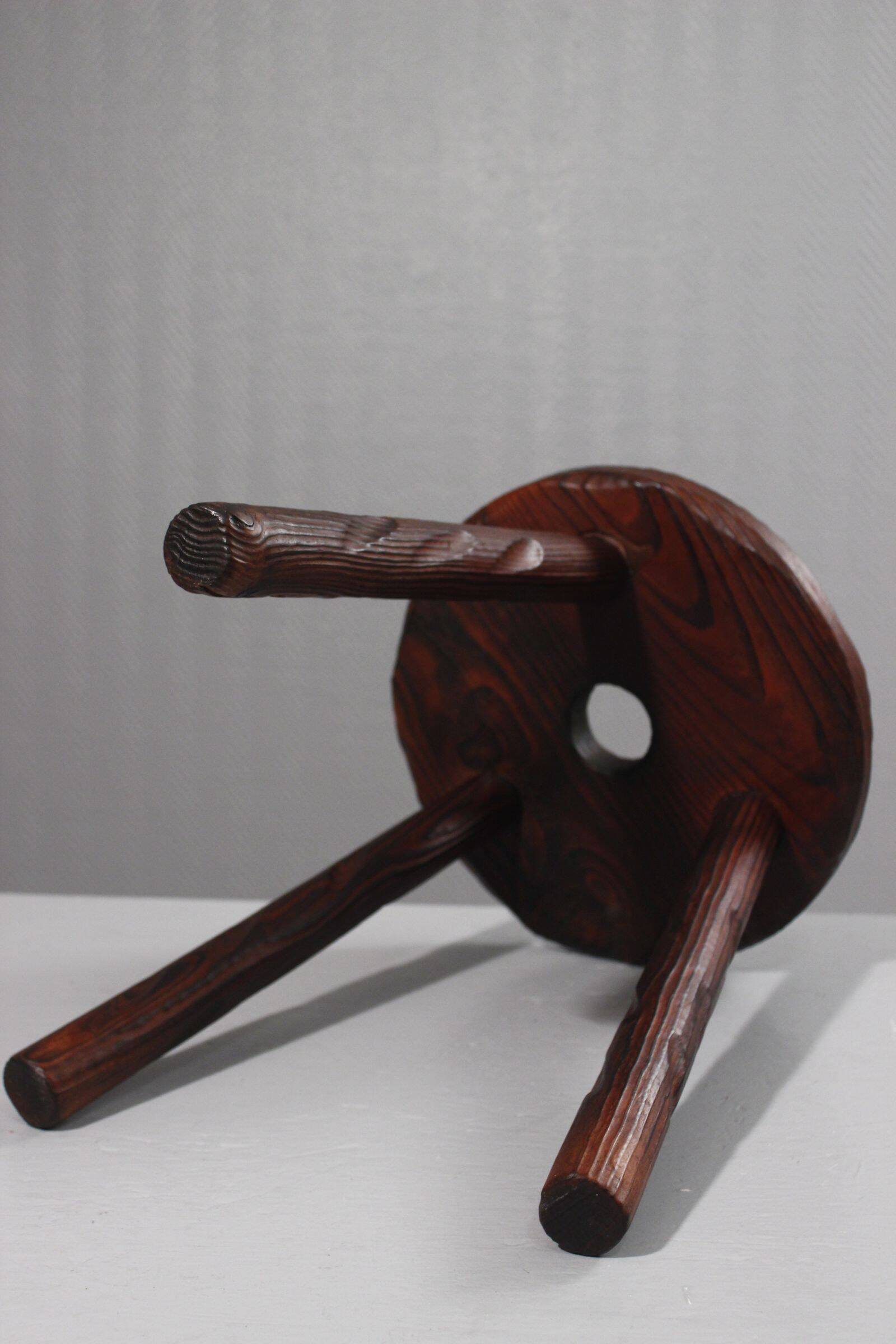Brutalist tripod stool, solid pine, 1950s