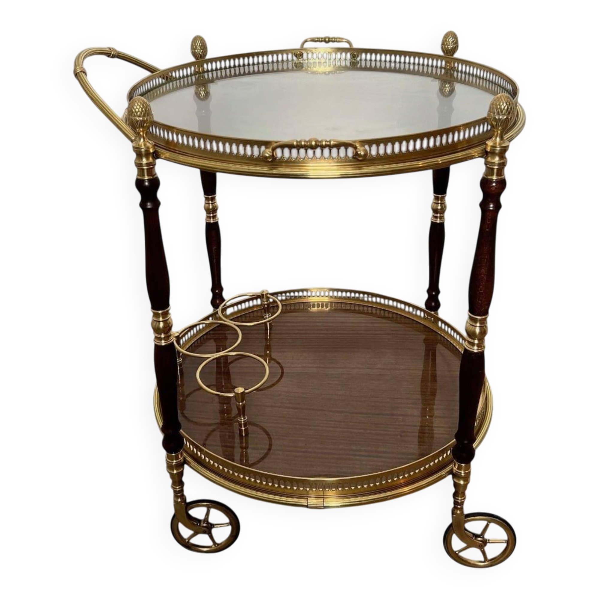 Oval Rolling Table in Brass and Mahogany with Openwork Gallery and Bottle Holder