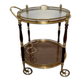 Table Roulante Ovale en Laiton et Acajou à Galerie Ajourée et Porte-Bouteil