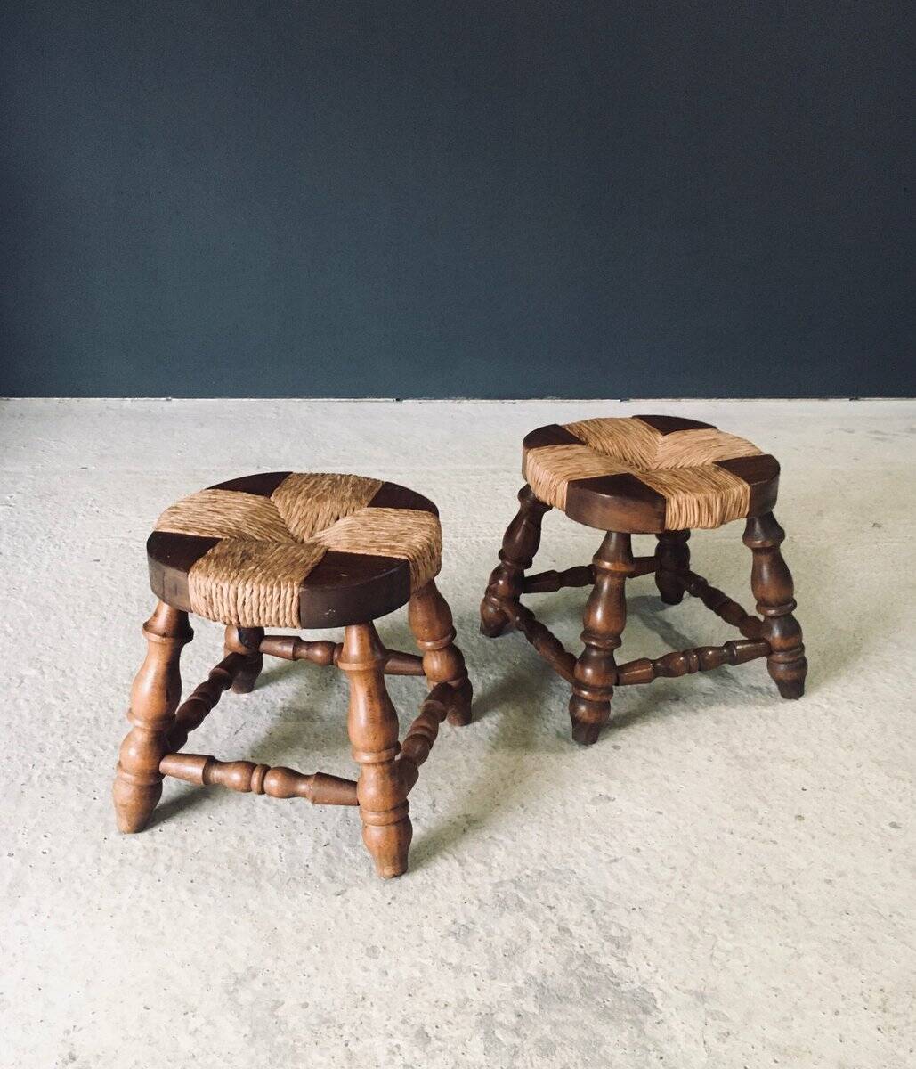 Rustic Low Oak and Rush Stools in the style of Charles Dudouyt, France, 1940s, Set of 2