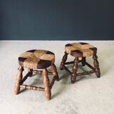 Rustic Low Oak and Rush Stools in the style of Charles Dudouyt, France, 1940s, Set of 2