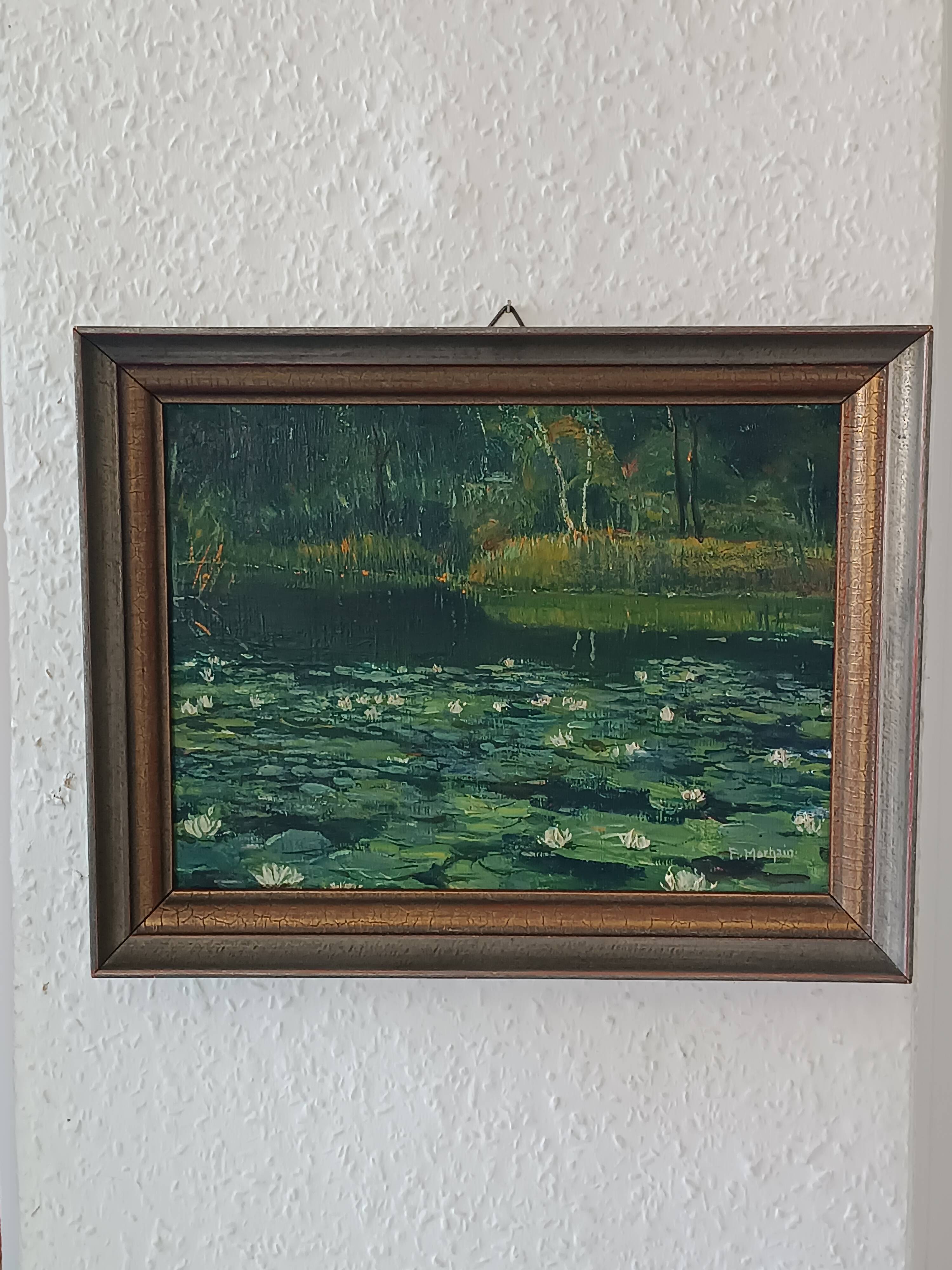 Original oil painting of a landscape with a pond and water lilies by Albert Morhain, 1930.
