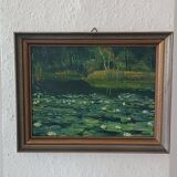 Original oil painting of a landscape with a pond and water lilies by Albert Morhain, 1930.