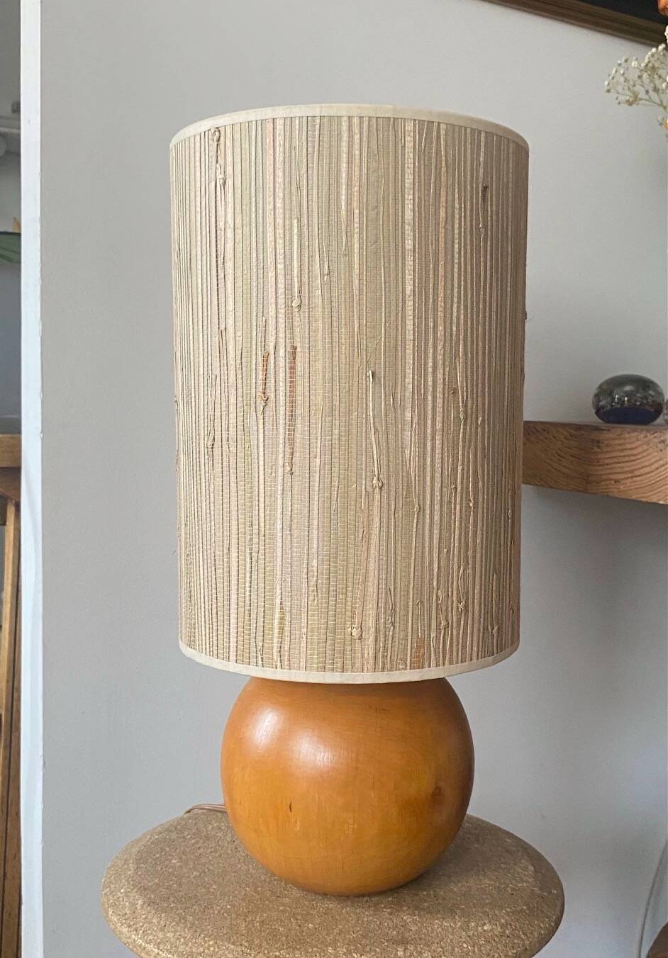 Solid wood lamp with handmade lampshade, 1970