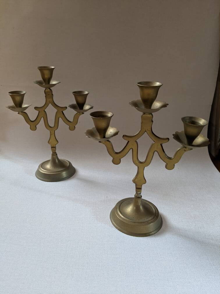 Pair of 3-branch brass candlesticks, Scandinavian country bohemian decoration