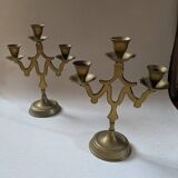 Pair of 3-branch brass candlesticks, Scandinavian country bohemian decoration