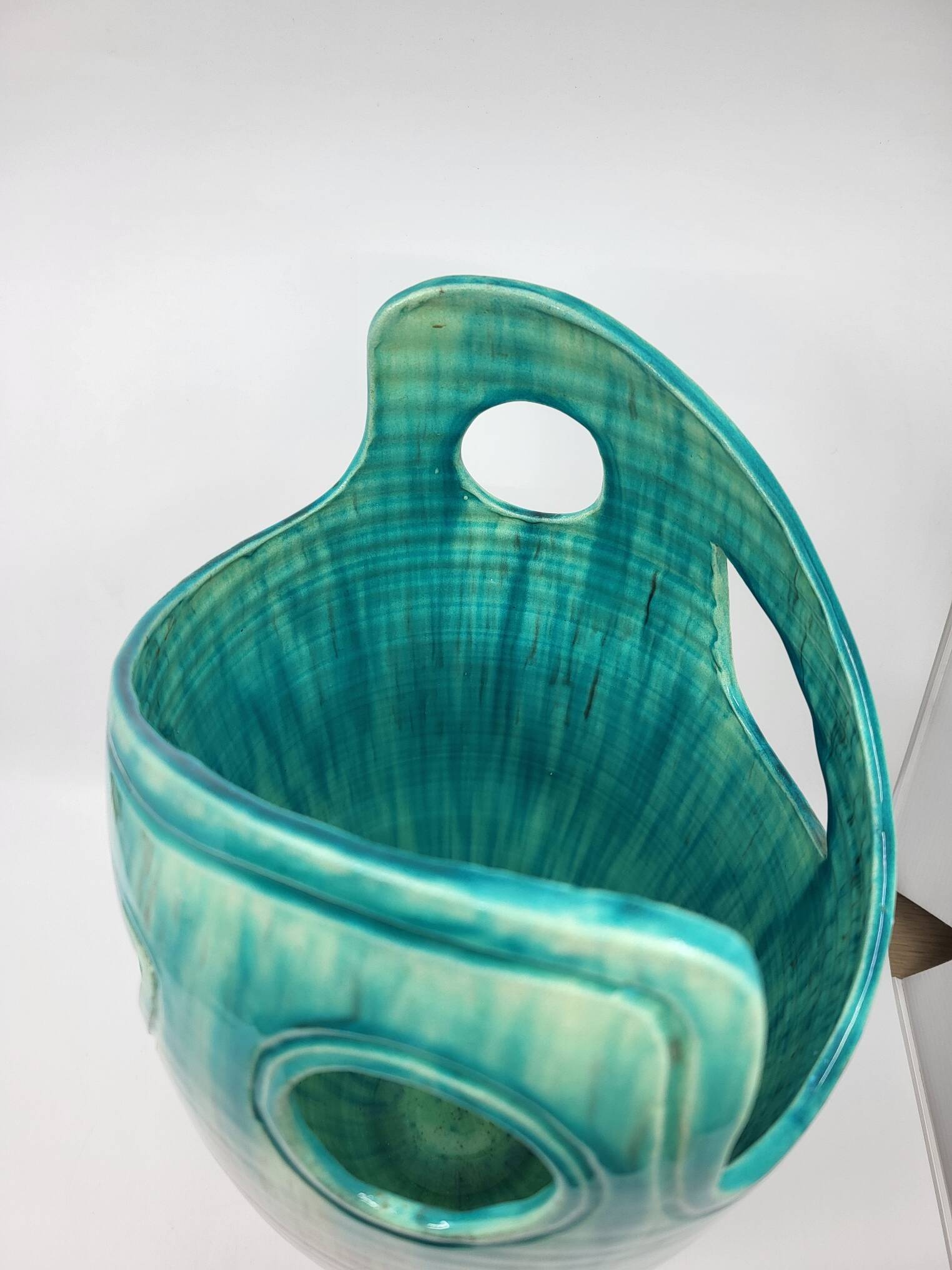 Vase Accolay signé J C en céramique Marron, Bleu France Vintage Design 1960