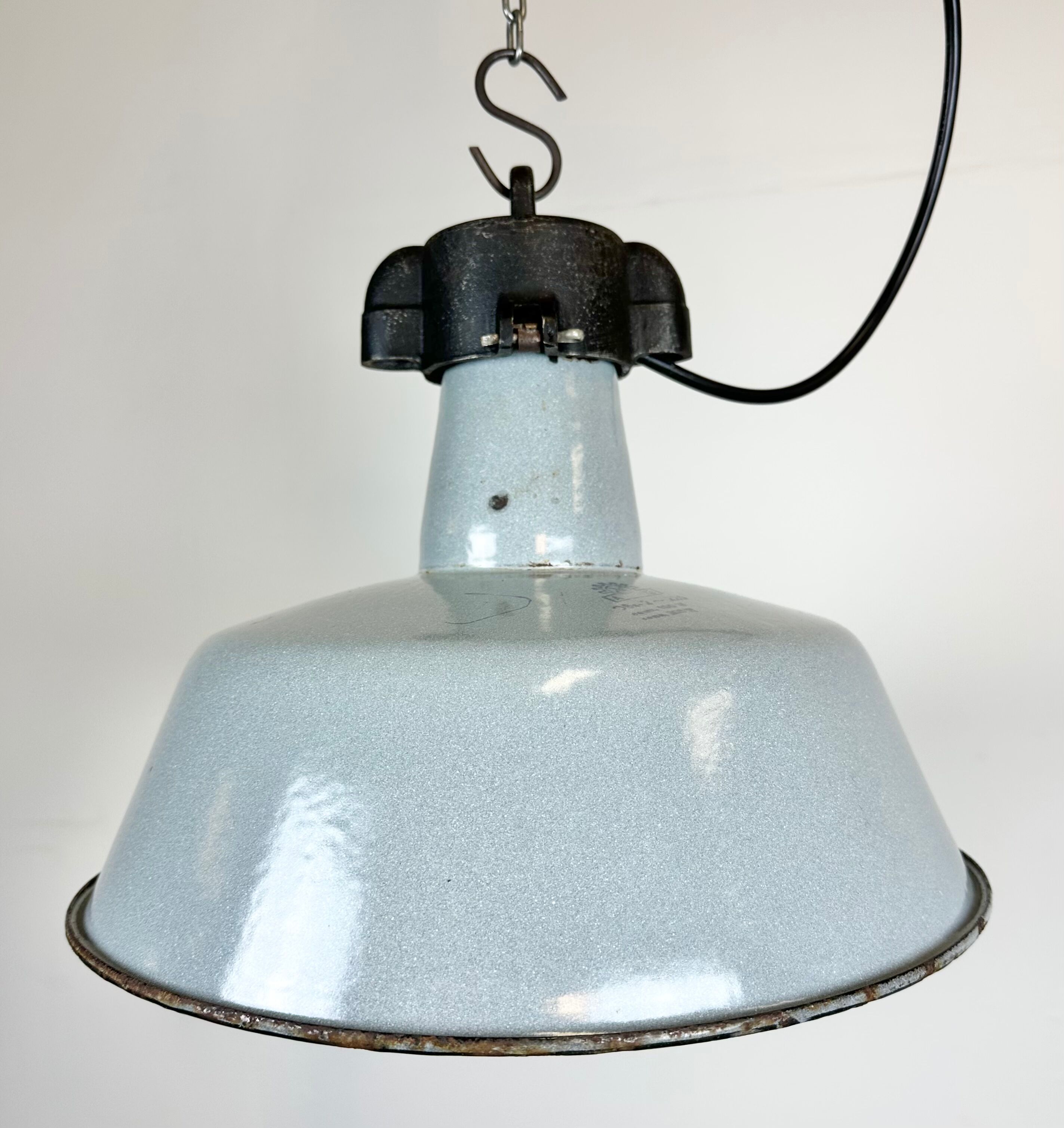 Industrial Grey Enamel Factory Lamp with Cast Iron Top, 1960s