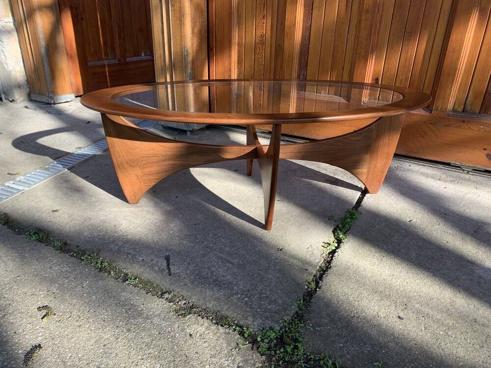 Astro oval coffee table in brown teak with glass top — Victor Wilkins, G-Plan (1960s)