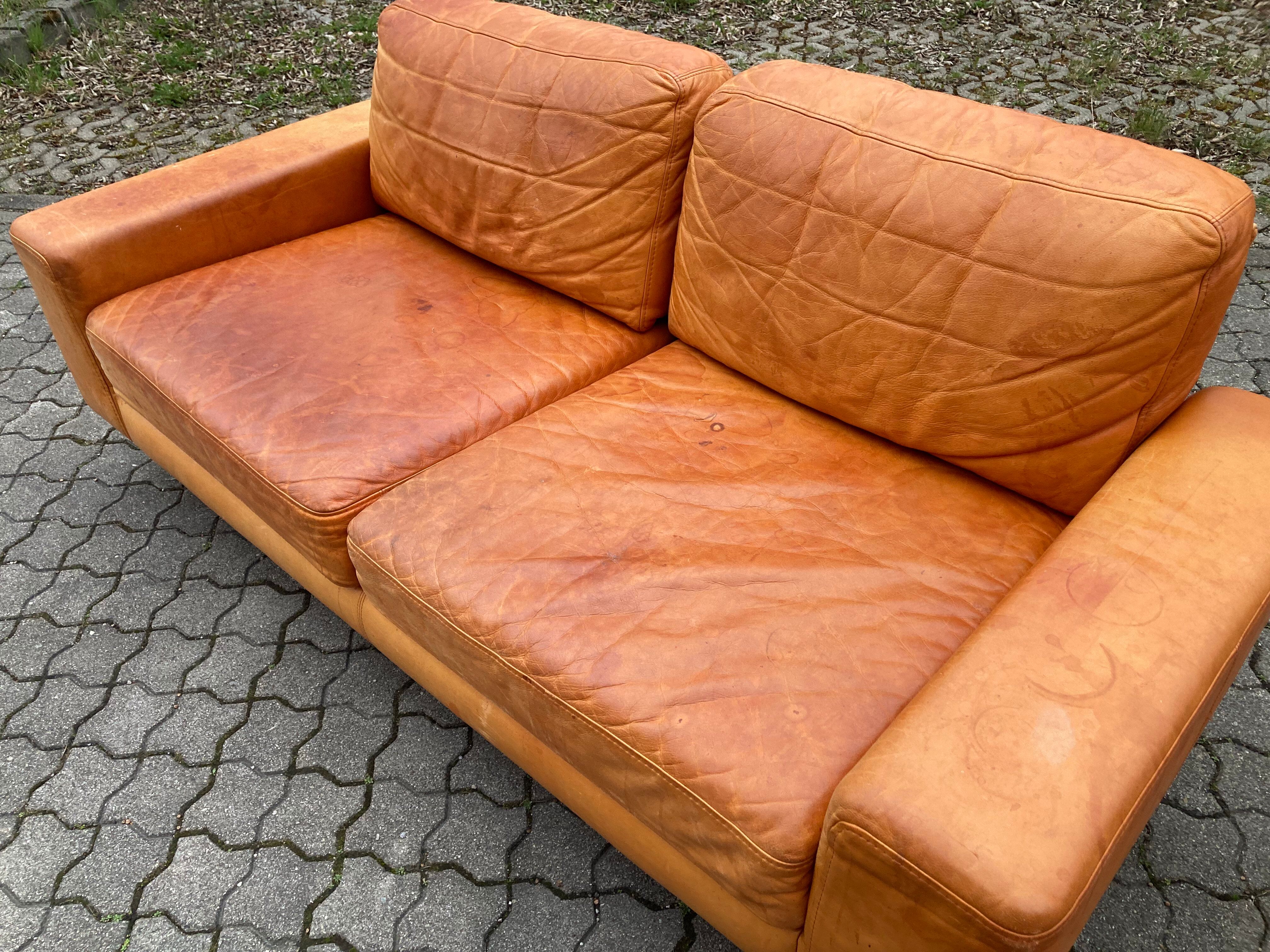 Danish Modern Mid Century Vintage Cognac Leather Sofa