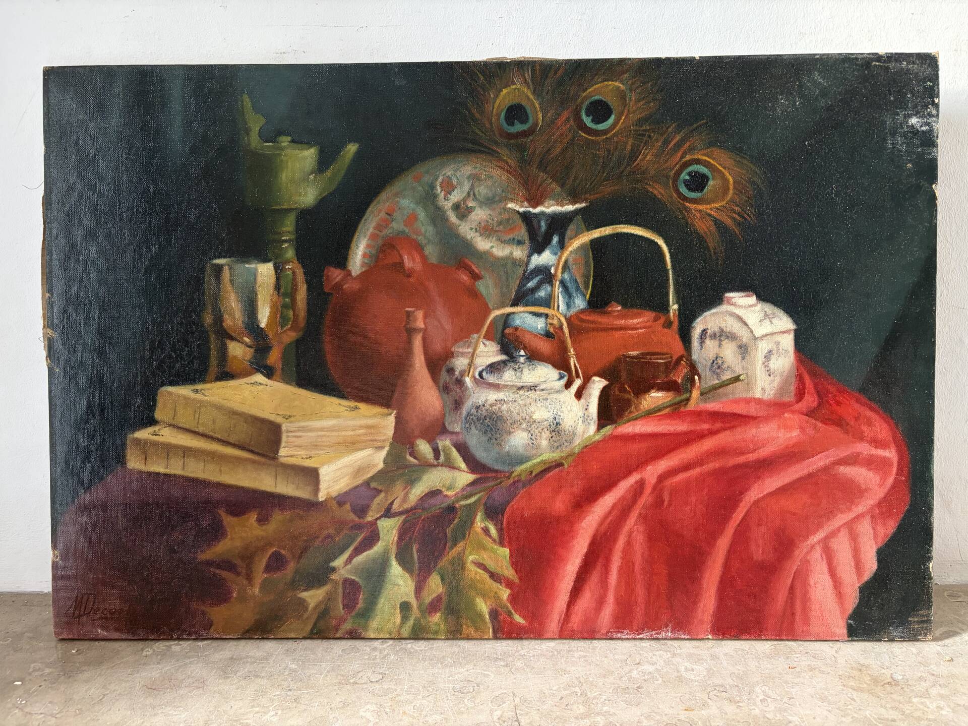 Still life with teapot and peacock feathers, oil on canvas signed